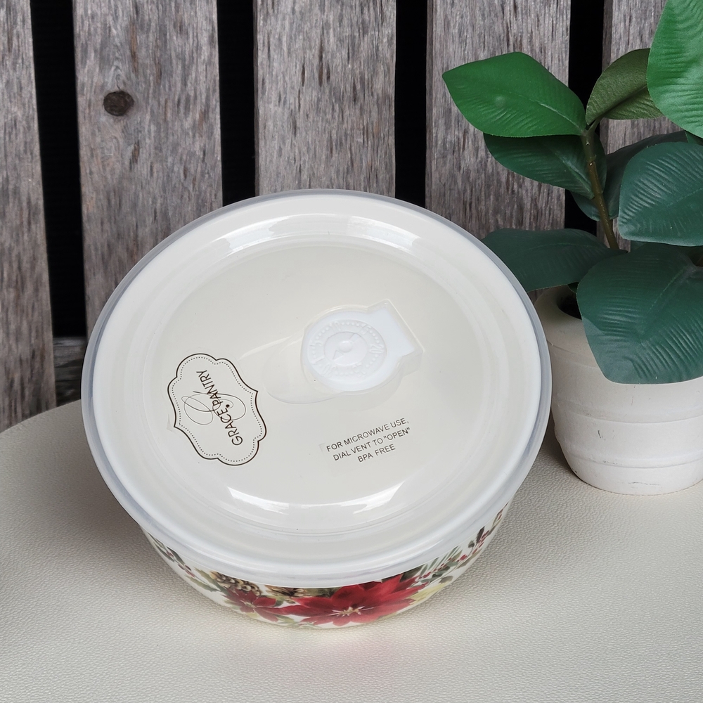 Grace Pantry Festive Poinsettia Ceramic Bowl with Lid - Picture 3 of 3